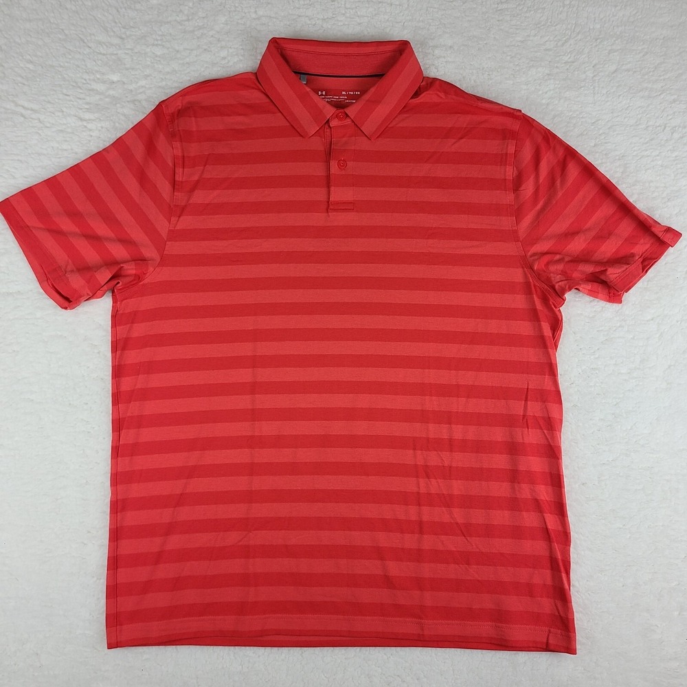 Under Armour Polo Shirt Mens XL Red Striped‎ Performance Loose Heatgear